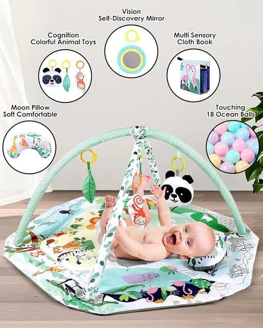 dearlomum 4-in-1 Interactive Activity Mat,Baby Play Mat with 6 Learning Toys, Motor Skill Development,Ball Pit with 18 Ocean Balls