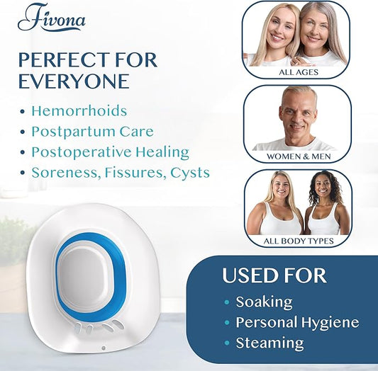 Fivona Sitz Bath for Toilet Seat Postpartum and Hemorrhoids Care - Yoni Steam Seat - Foldable Basin for Epsom Salt Soak - Portable Bidet BPA-Free Temperature Resistant - Universal Fit - Blue