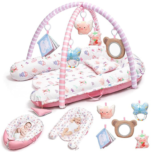 Pink Baby Play Mat, 7-in-1 Infant Gym Mat for Sensory and Motor Development, Washable & Portable Newborn Tummy Time Activity Mat for Home & Travel, Babies Gift for 0-3-6-9-12-18 Months