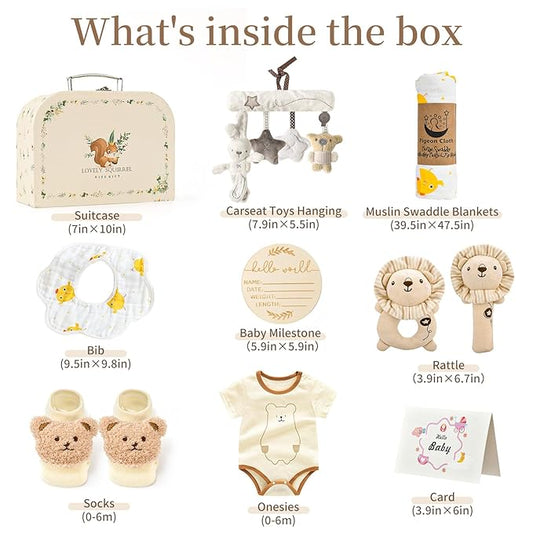 Golray 9pcs Newborn Baby Gift Baskets for Boys Girls Baby Shower, 2 Rattle/Seat Hang Toy/Blanket/Bodysuit/Bib/ 3D Socks/Wood Milestone/Carry Box, Neutral New Born Essential Stuff Unisex Baby Gifts Boy