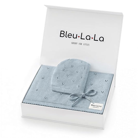 Bleu La La Baby Gift Set - Organic Cotton Newborn Blanket Essentials, Thoughtful Baby Shower & New Baby Gift for Boys & Girls (Pointelle - Powder Blue)