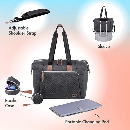 Dikaslon Diaper Bag Tote with Pacifier Case and Changing Pad, Large Travel Diaper Tote for Mom and Dad, Multifunction Baby Bag for Boys and Girls, Dark Grey