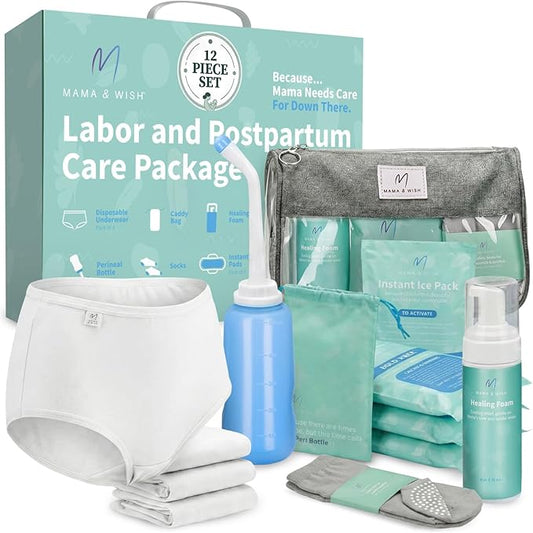 Mama & Wish® Postpartum Essentials Kit – Labor and Delivery Essentials for Moms After Birth – Postpartum Recovery Kit Includes Peri Bottle, Witch Hazel, Comfy Garments & More