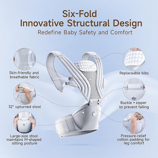 HBR Ergonomic Baby Carrier with Hip Seat, 2-in-1 Front Facing Infant & Toddler Carrier, Air-Padded Shoulder Support, Hands-Free Design, Fits Waists up to 47 Inches, Silve Mist White