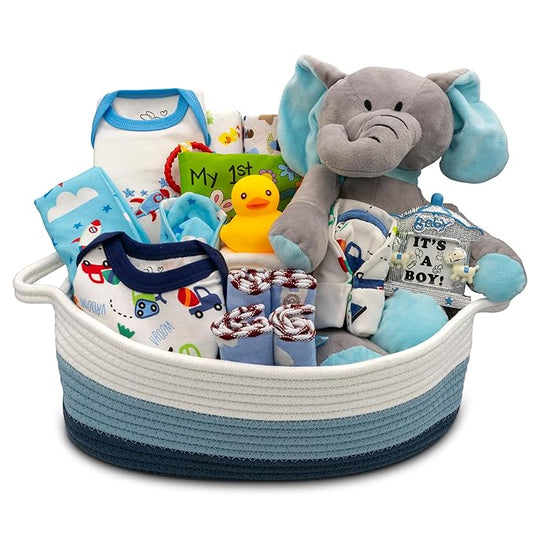 Bundle of Joy Deluxe New Baby Gift Basket | Newborn Baby Boy Gift Set with Baby Essentials | Baby Gift Basket for Expecting Moms | Baby Layette Set | Blue Baby Gift Set | Nikki's Gift Baskets