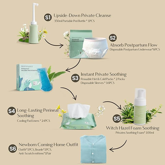 Postpartum Essentials Kit for Mom & Baby, Postpartum Care for Labor & Delivery, Peri Bottle, Cooling Spray, Disposable Underwears, Postpartum Pads, Hot&Cold Packs, Soothing Liners, Baby Outfits Set