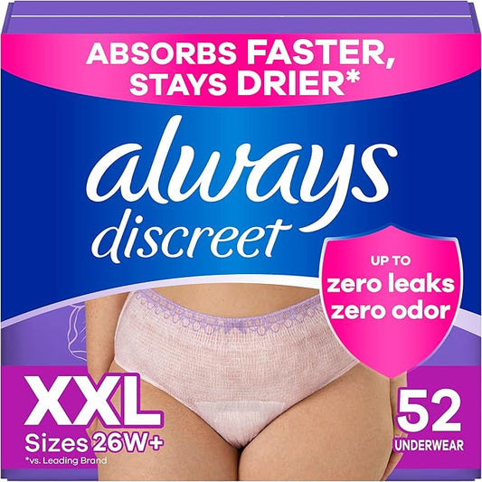 Always Discreet Adult Diapers for Women, Incontinence Underwear, Drier Than Depends, Postpartum Essentials, Disposable Briefs, Max Absorbency, Bladder Leak Protection, 2XL / XXL, 52ct