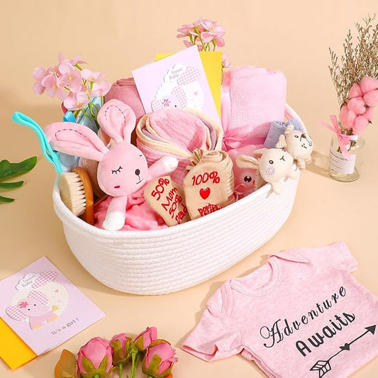 27-Piece Baby Girl Shower Gift Basket Set - Newborn Essentials, Large Pink Gift Basket With Rattle, Swaddle, Diaper Caddy Organizer
