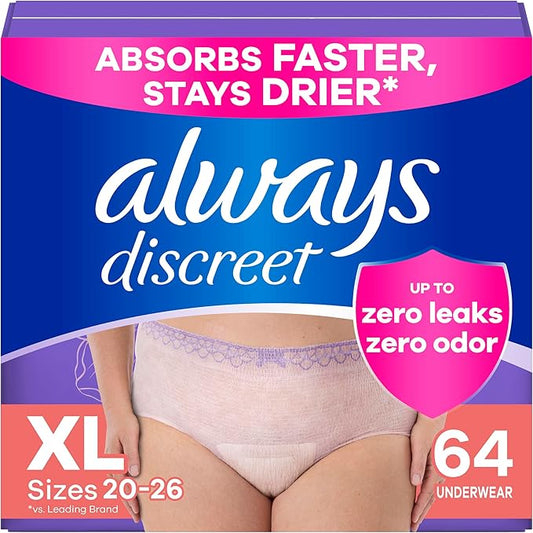 Always Discreet Adult Diapers for Women, Incontinence Underwear, Drier Than Depends, Postpartum Essentials, Disposable Briefs, Max Absorbency, Bladder Leak Protection, Extra Large/XL, 64ct