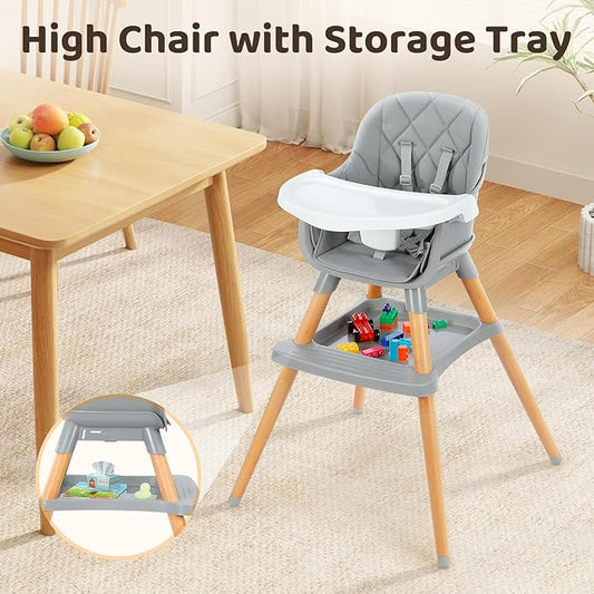 Ezebaby 6 in 1 High Chairs for Babies and Toddlers, Baby High Chair Convertible to Booster Seat and Toddler Chair, Wooden High Chair with Storage and Dishwasher Safe Tray