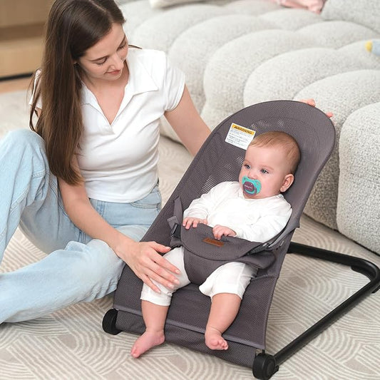 Baby Bouncer,Baby Bouncer Seat,Portable Infant Bouncer with 3-Point Safety Harness,Ergonomic Bouncy seat, Newborn Bouncer for Babies 0-6 Months up to 20lbs (Mesh Grey)