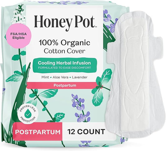 The Honey Pot Company - Herbal Postpartum Pads w/Wings - Infused w/Essential Oils for Cooling Effect, Organic Cotton Cover, & Ultra-Absorbent - Feminine Care - 12ct