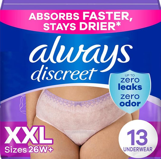 Always Discreet Adult Diapers for Women, Incontinence Underwear, Drier Than Depends, Postpartum Essentials, Disposable Briefs, Max Absorbency, Bladder Leak Protection, 2XL / XXL, 13ct
