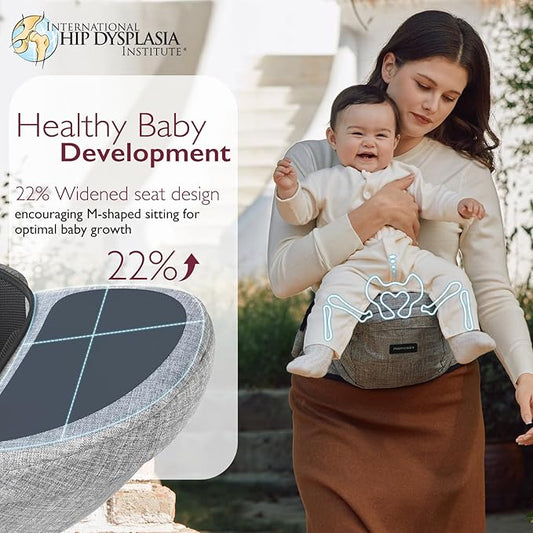 Momcozy Hip Seat Baby Carrier - Adjustable Waistband with Original 3D Belly Protector & EVA Massage Board, Ergonomic Carrier with Various Pockets for Newborns & Toddlers up to 45lbs (Grey, Large)