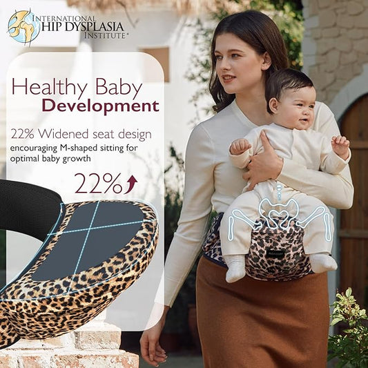 Momcozy Hip Seat Baby Carrier - Adjustable Waistband with Original 3D Belly Protector, Ergonomic Carrier with Various Pockets for Newborns & Toddlers up to 45lbs (Leopard, Medium)