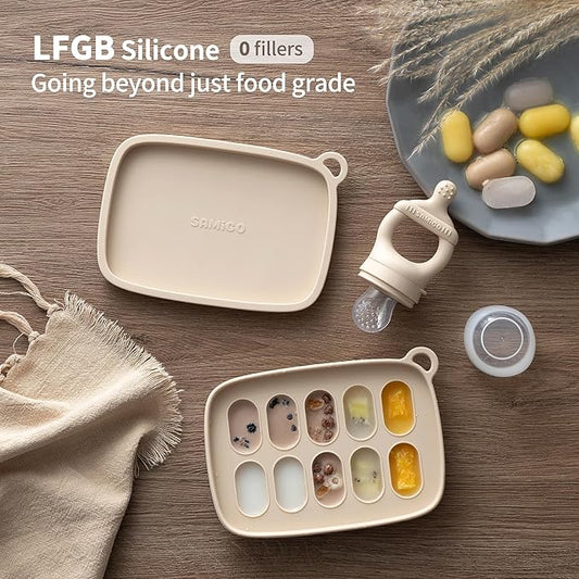 SAMiGO Baby Food Fruit Feeder and Breastmilk Popsicle Mold Set, Silicone Fruit Teether, Food Feeder Pacifier for Teething Relief, Freezer Tray, Baby Feeding Essentials, 4 Months+