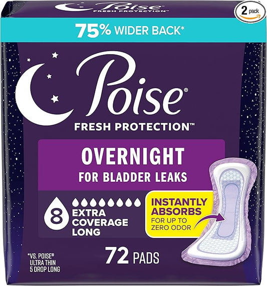 Poise Overnight Incontinence & Postpartum Pads for Bladder Leaks, 8 Drop Extra Coverage, 72 Count (2 Packs of 36), Packaging May Vary