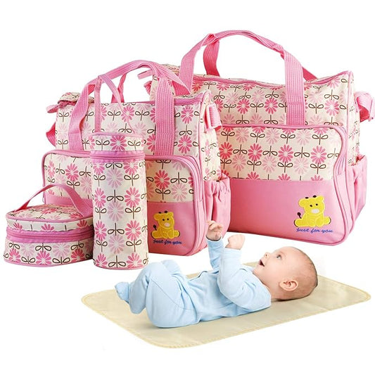 Moclever 5PCS Diaper Bag Tote Set for Baby Essentials – Large Baby Bags for Mom, Waterproof Maternity Bags with Bottle Bag, Food Bag & Changing Pad (Pink)