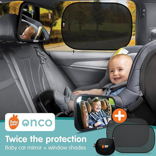 Onco Baby Car Mirror & Car Window Shades Bundle (18.9″ × 12″) - UPF 50+ Window Shade, 100% Shatter-Proof Car Mirror for Baby, Universal Shades & Mirror